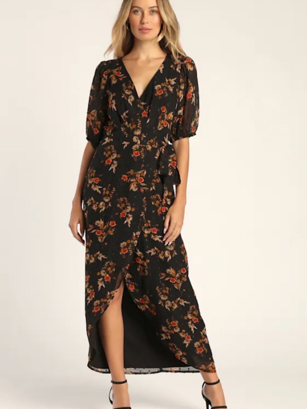 Lulu's Black Floral Wrap Maxi Dress with Autumn Blooms